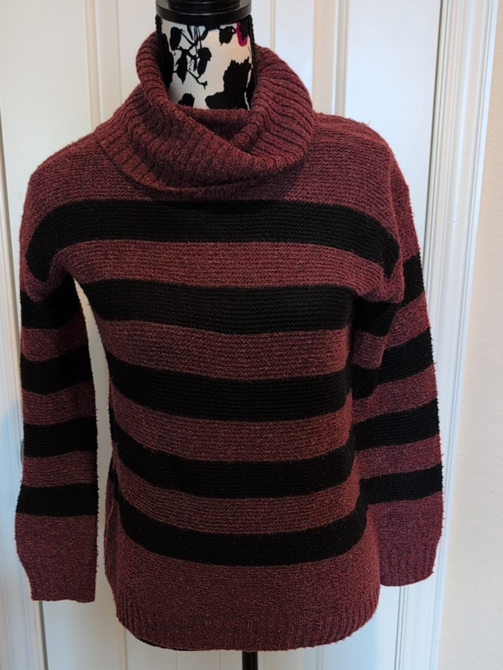 Tahari Burgundy and Black Striped Cowl Neck Sweater Size XS NWT
